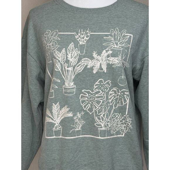 Women’s Sweatshirt Sz M Sage Green Plants Gardening Graphic Long Sleeve Casual - Picture 2 of 11